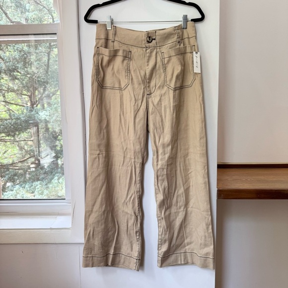 Anthropologie The Colette Linen Pants Wide Leg Contrast Maeve Khaki Tan 32 - Picture 5 of 10